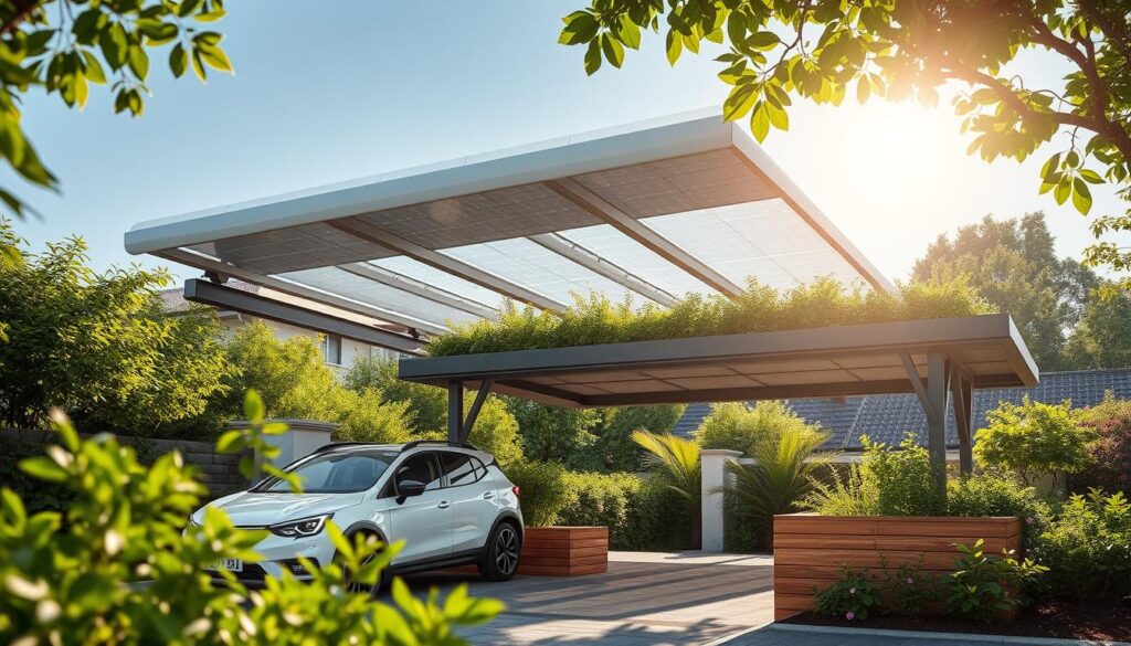 Innovativer Carport mit Solaranlage und Gründach